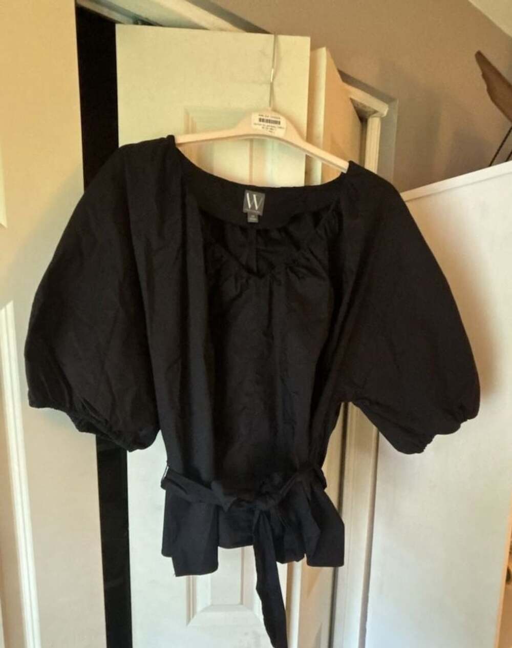 W By Worthington Puff Sleeve Blouse Size 2X Black Cotton Tie Waist
